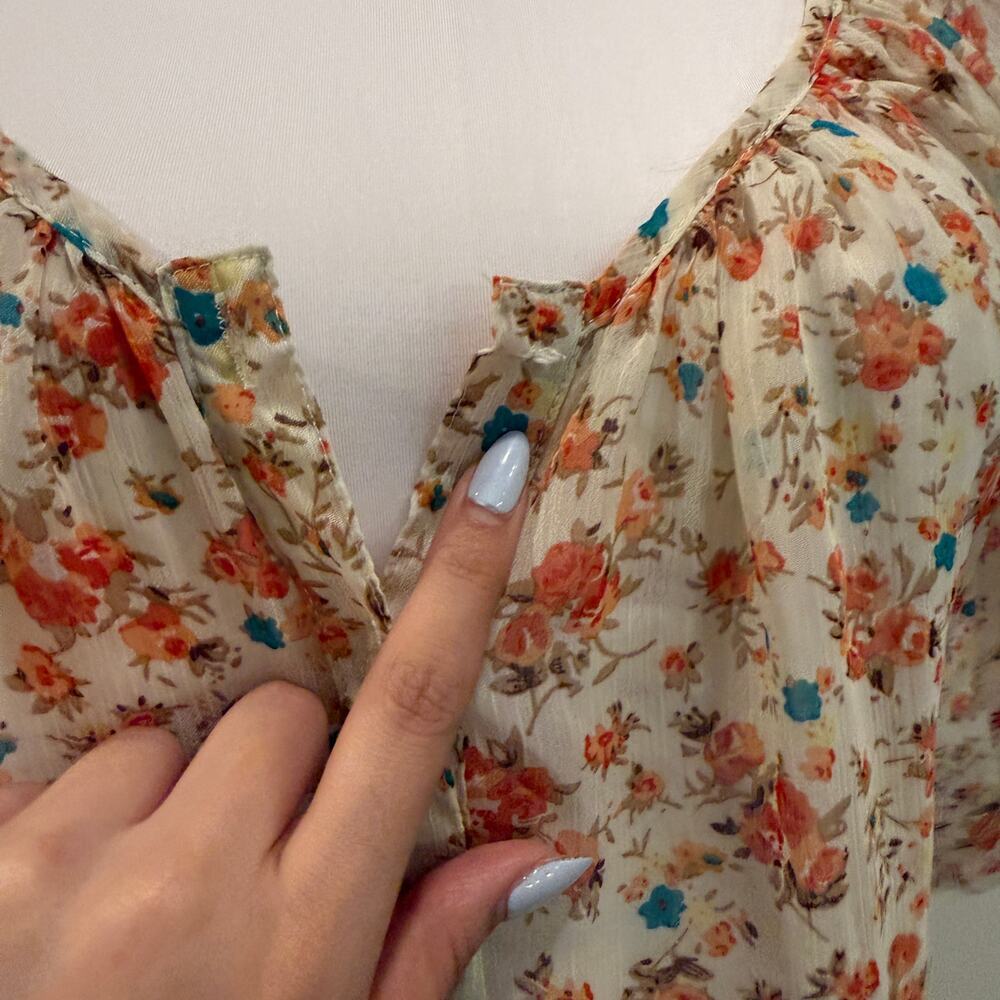 Poetry Sheer Floral Tie Front Peasant Blouse Boho Cottagecore Medium Coquette - Picture 5 of 10